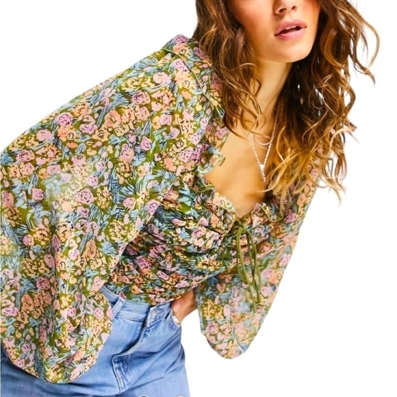 Free People Mable printed blouse top long sleeves floral balloons sleeves crop - Picture 2 of 5